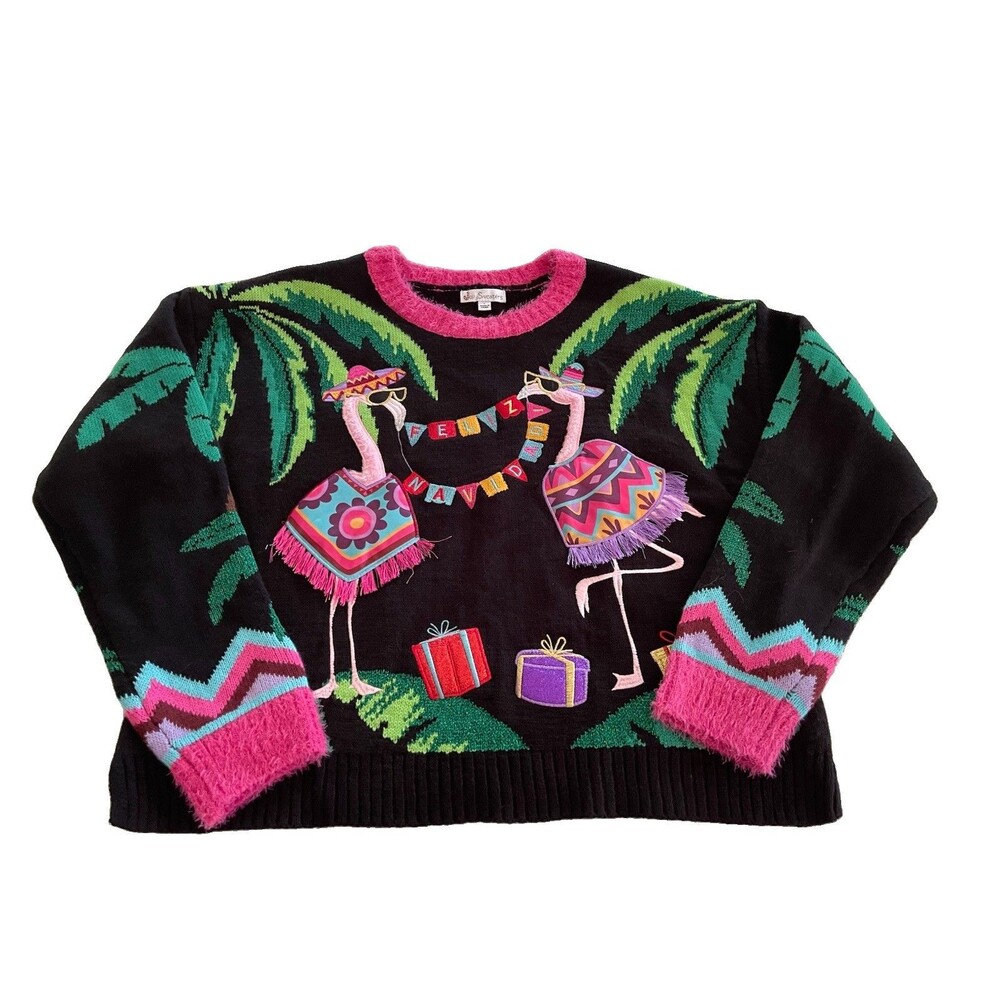 Jolly Sweaters Flamingo Tropical Feliz Navidad Embroider Christmas Ladies Large